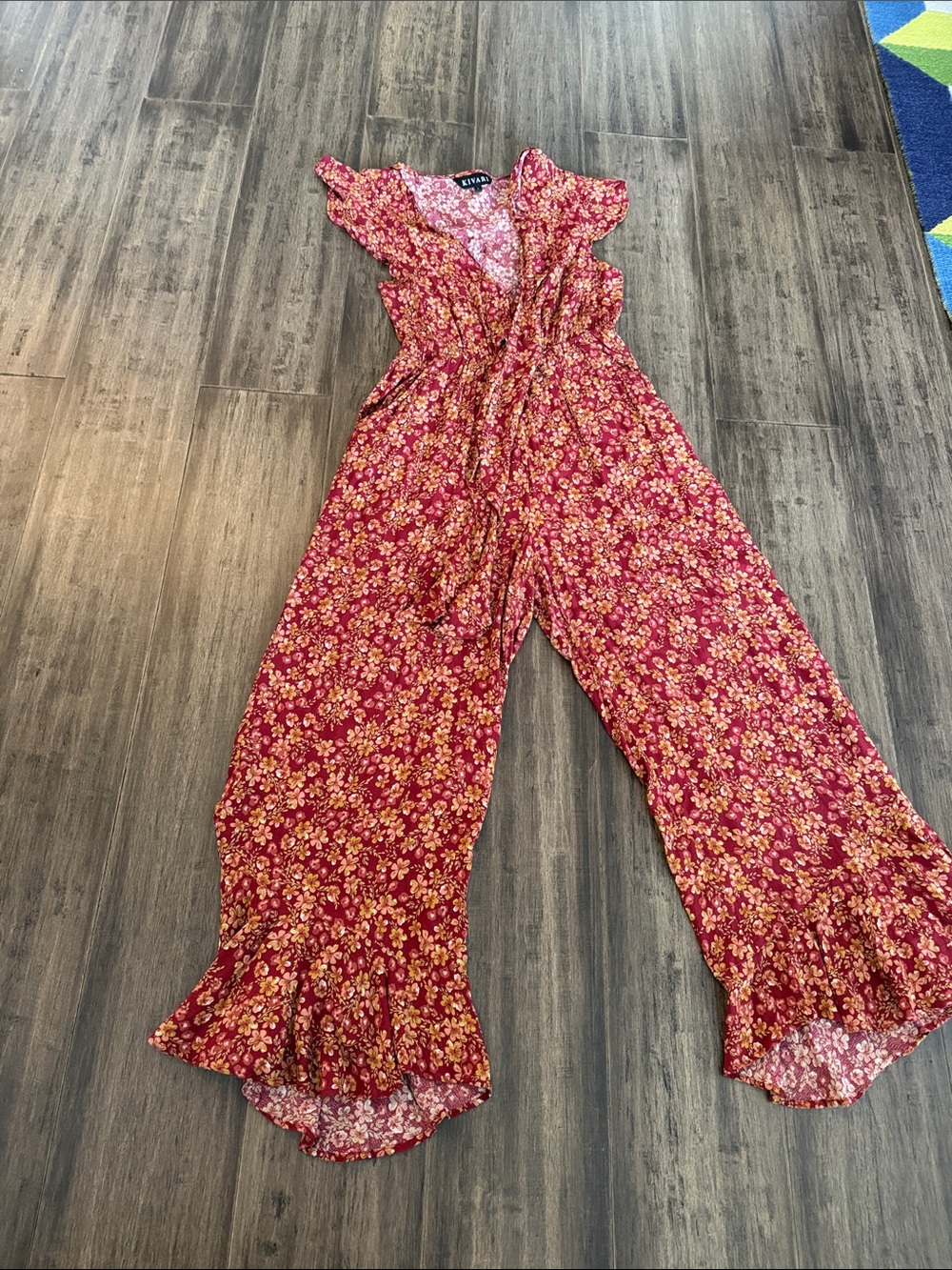 Kivari Burgundy Floral Ruffle-Sleeve Wide Leg Jumpsuit